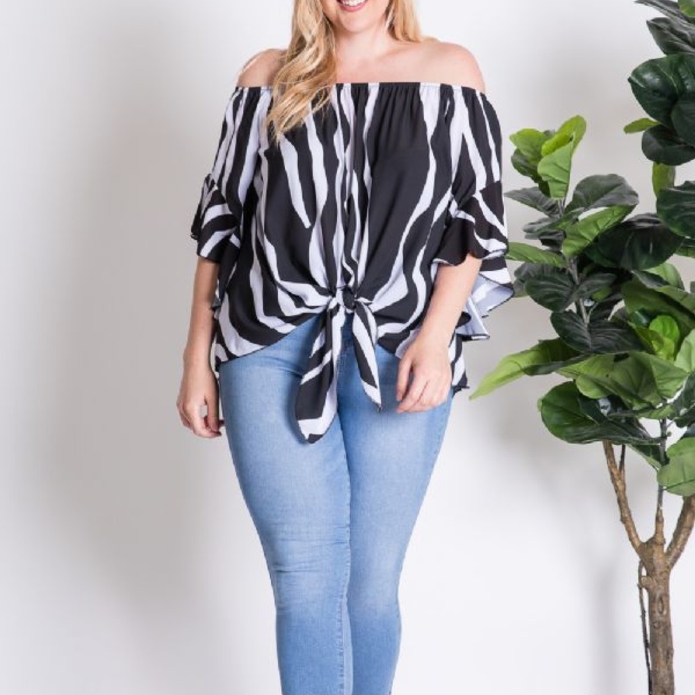 DAVI & DANI Zebra Stripe Off Shoulder Blouse | Ruffle Bell Sleeve Front Tie Plus